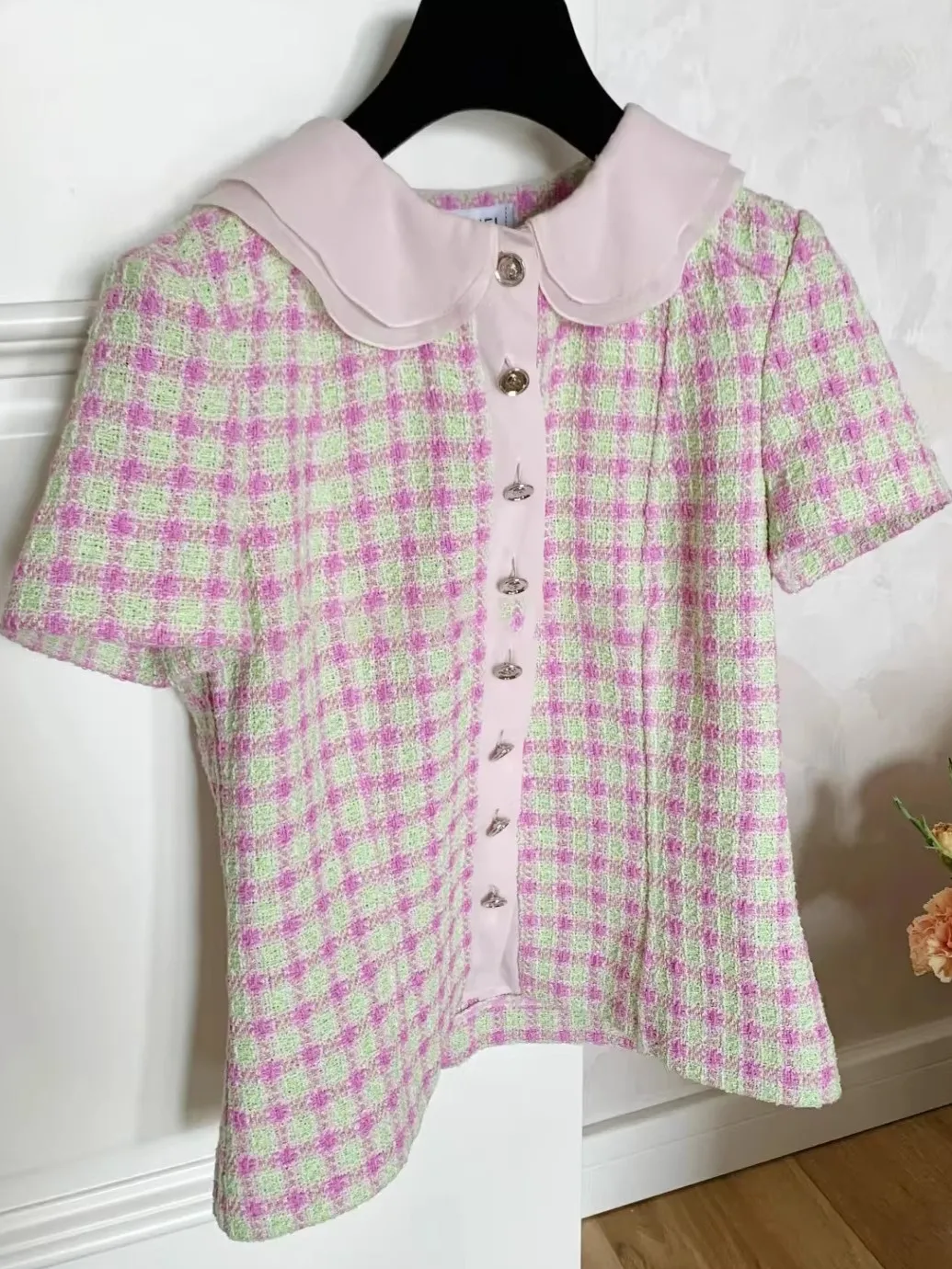 

Preppy Plaid ort Sve irt Women's Vintage Doll Collar Top Heavy Embroidery Anti-Aging Faionable Commute Sle irt