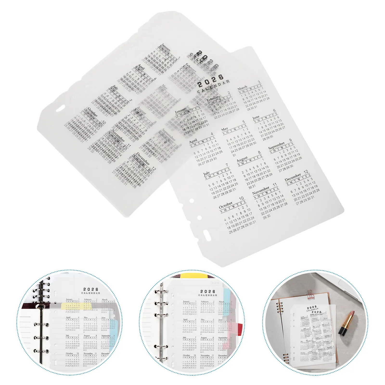 

4Pcs 2026 Frosted Calendar Dividers Plastic Transparent Matte Finish A5 6-Hole Adjustable DIY Planner Inserts Notebook Calendar