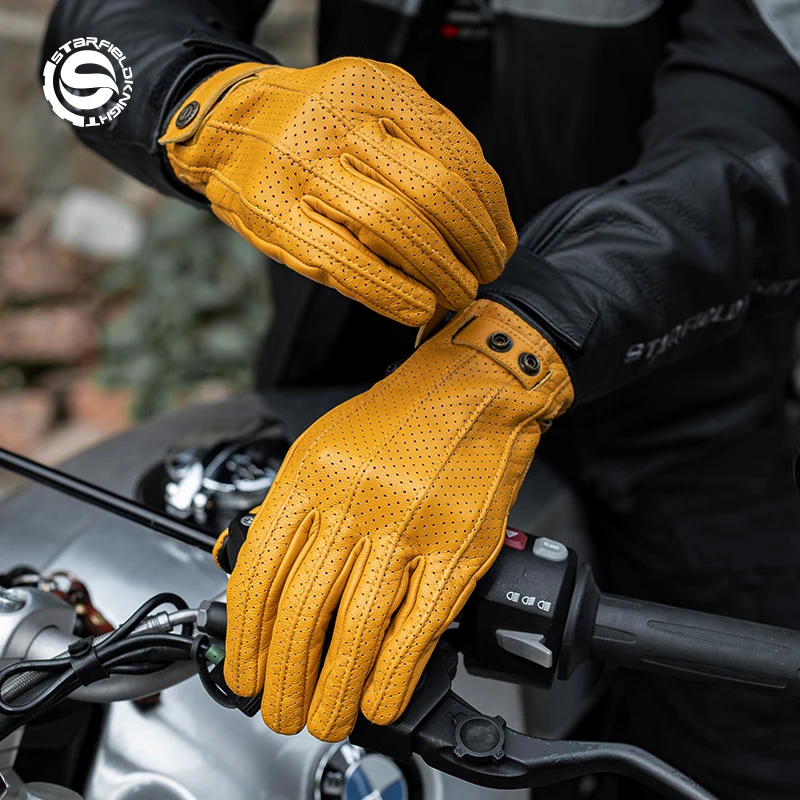 Retro Yellow Goatskin Motorcycle Gloves Full Finger Leather Motocross Gloves Touchscreen Moto Riding Gloves Men Women