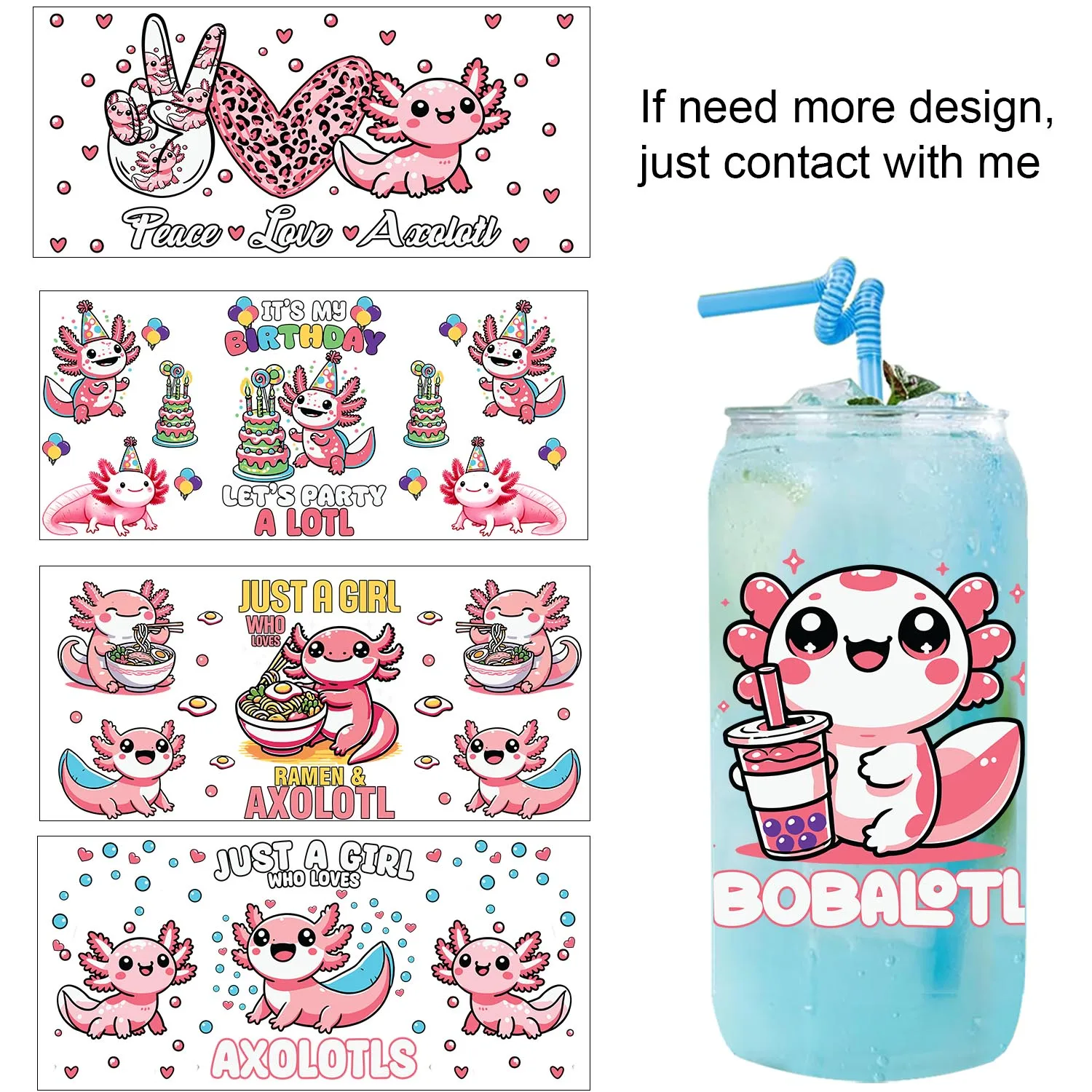 1/5pcs bundle Funny AXOLOTL Cartoon quotes UV DTF Transfer Sticker DIY Decals 3D transfers uvdtf stickers 16oz uv dtf cup wraps
