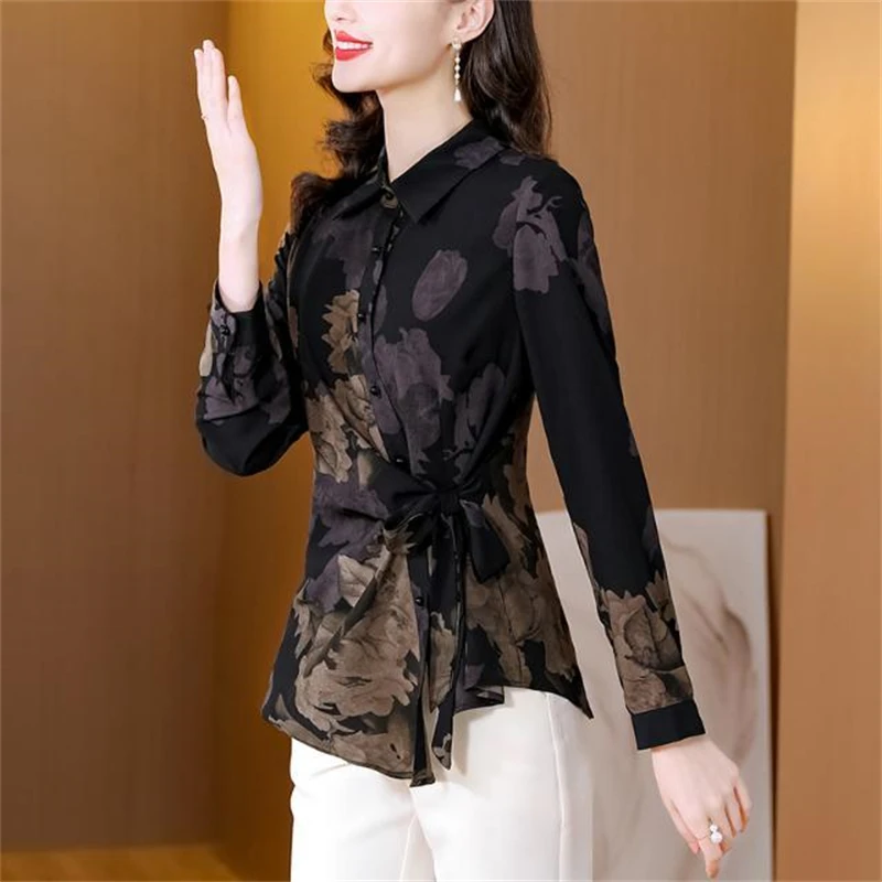 Women Vintage Floral Print Irregular Designer Chic Shirts Office Lady Elegant Fashion Slim Blouse Casual Long Sleeve Tops Blusas