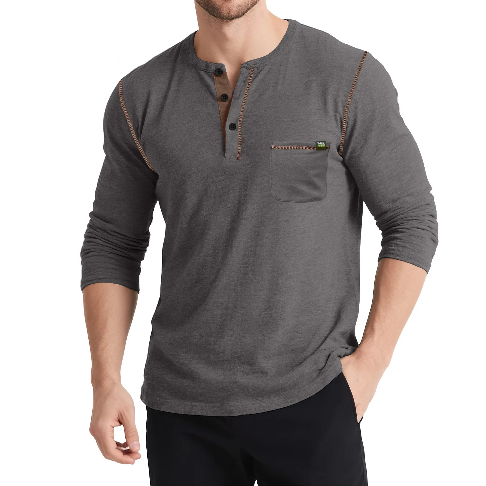 

New Men Long Sleeved T-shirt Cotton Slim Fit Bottoming Shirt Fitness Tops Tees Button Neck Casual Cozy Henry Shirt