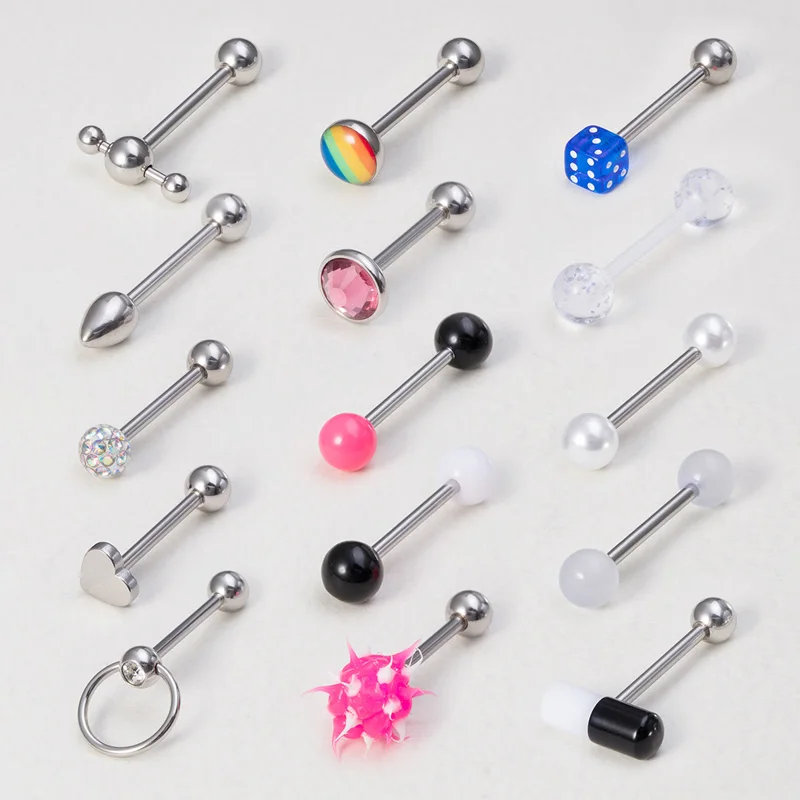 3pcs Surgical Steel Tongue Piercing Barbell Nipple Ring Bar Tongue Stud Dumbbell Retainer for Women Men Sexy Body Jewelry 14G