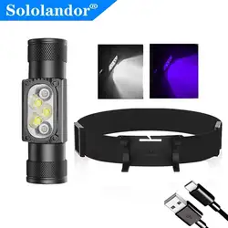 395nm UV LED Mini Headlamp High Power White Purple Light Headlight Type-C 18650 Head Torch Multi-function Flashlight Lamp