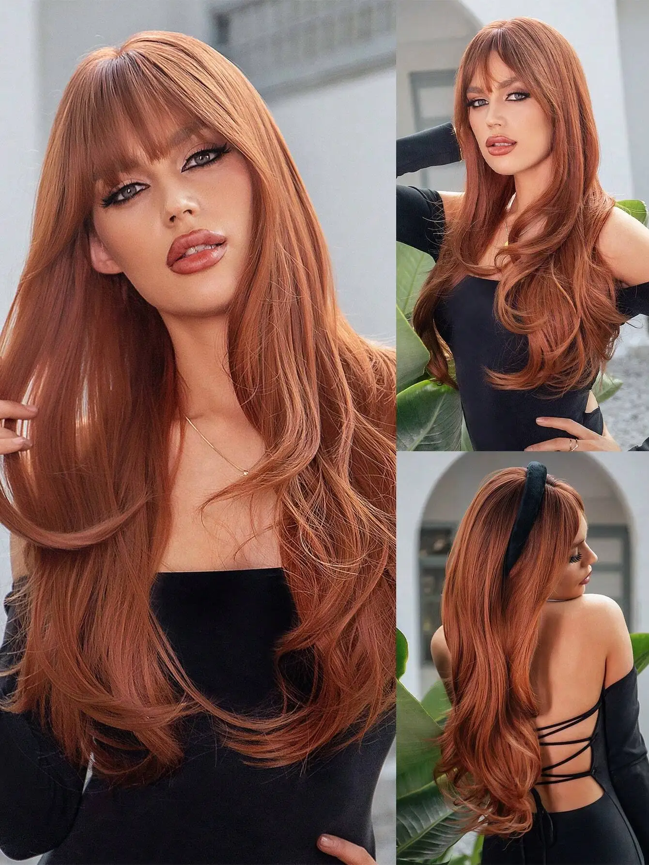 

26 Inch Red Brown Copper Ginger Long Curly Wigs For Women, Gorgeous Fluffy Wigs Hair With Bangs Synthetic Wigs For Party Daily U