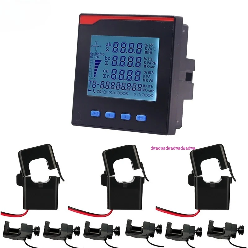 

3 phase power meter ampere voltage kwh watt var power factor frequency LCD multifunction meter with ampere clamp sensor CT