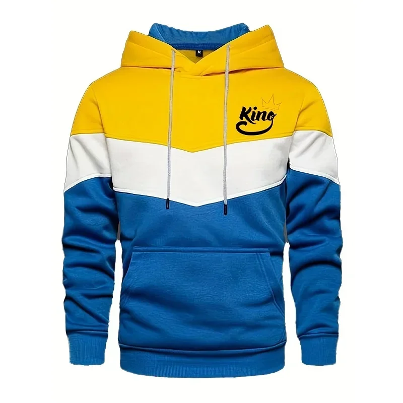 King Print Three Splice Hoodies Mens Long Sleeve Spring Casual Sweatshirt Hooded Top Male Outdoor Sport Jogging Sweater