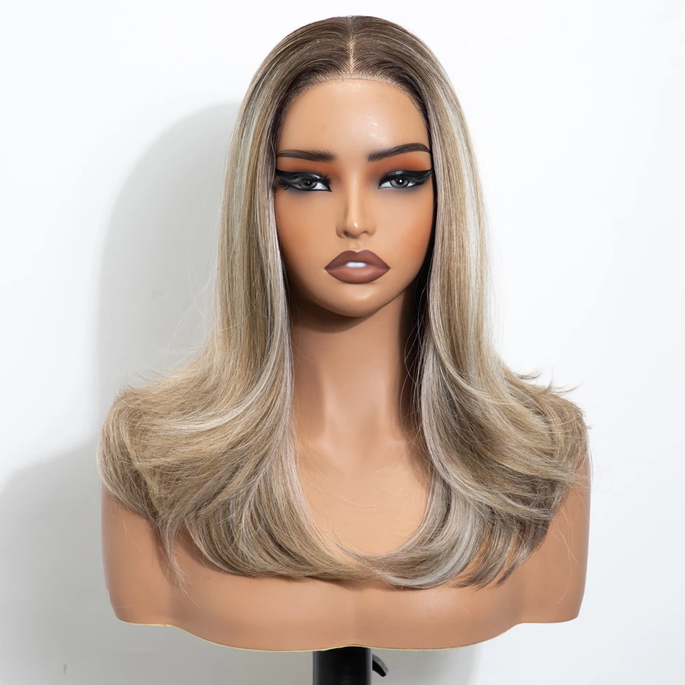 FREEDOM 13X3 Synthetische Lace-Front-Perücken für Damen, 16" Ombre-Braun mit Highlights, geschichtet, gewellt, vorgezupfter Haaransatz, Perücken für den täglichen Gebrauch – Detail 7