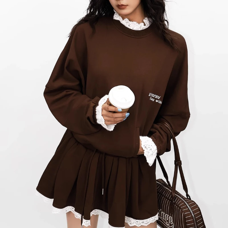 2025 outono inverno renda guarnição emenda vestido feminino americano retro design marrom y2k cordão cintura vestidos de emagrecimento senhoras