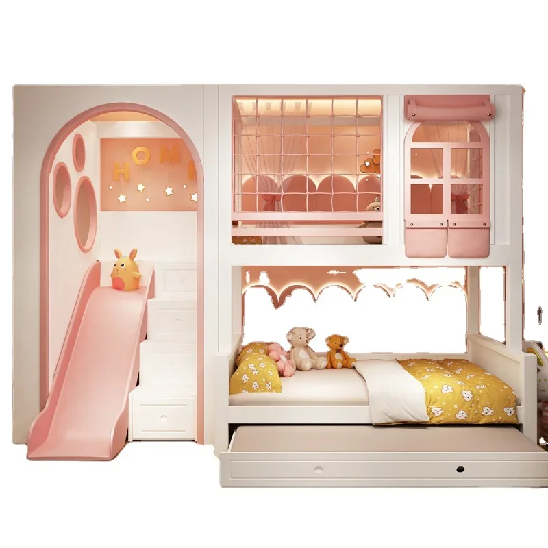 Solid Wood Castle Princess children beds girl bunk kids bed set furniture for girls pink bedroom furniture with slide