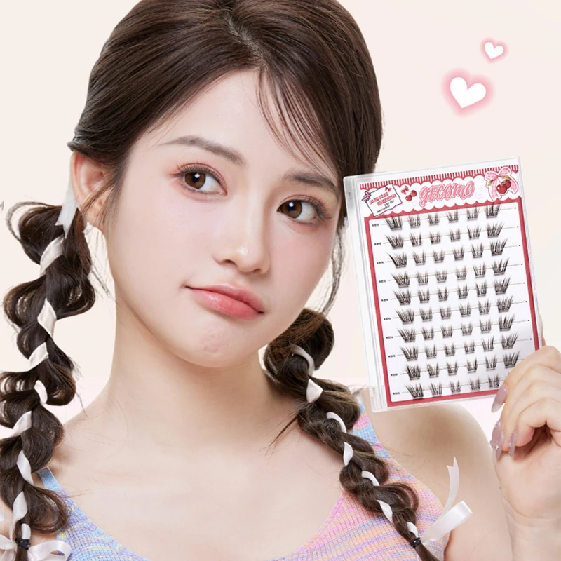 Cílios postiços GECOMO Little Cherry sem cola em marrom, com curva natural de bebê, aparência grossa e densa na câmera