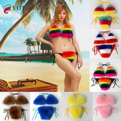 Kobiety seksowne Bikini strój kąpielowy Faxu futro Bikini letnie stroje kąpielowe kąpielowy krawat regulowany biustonosz słodkie dziewczyny Furry bielizna 2 częściowy zestaw