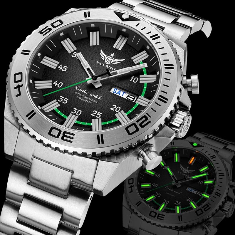 Yelang 44mm Men Diving Watch  V1035 Human Kinetic Energy Watch Brand 100m Waterproof Watches luminous T100 Japan PX83 Sapphire