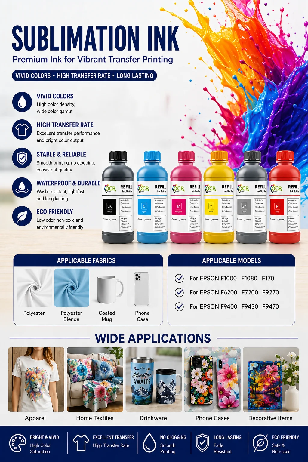 500ML Universal Sublimation Ink Heat Transfer Refill Ink For Epson F1000 F1080 F170 F6200 F7200 F9270 F9400 F9430 F9470 Printer