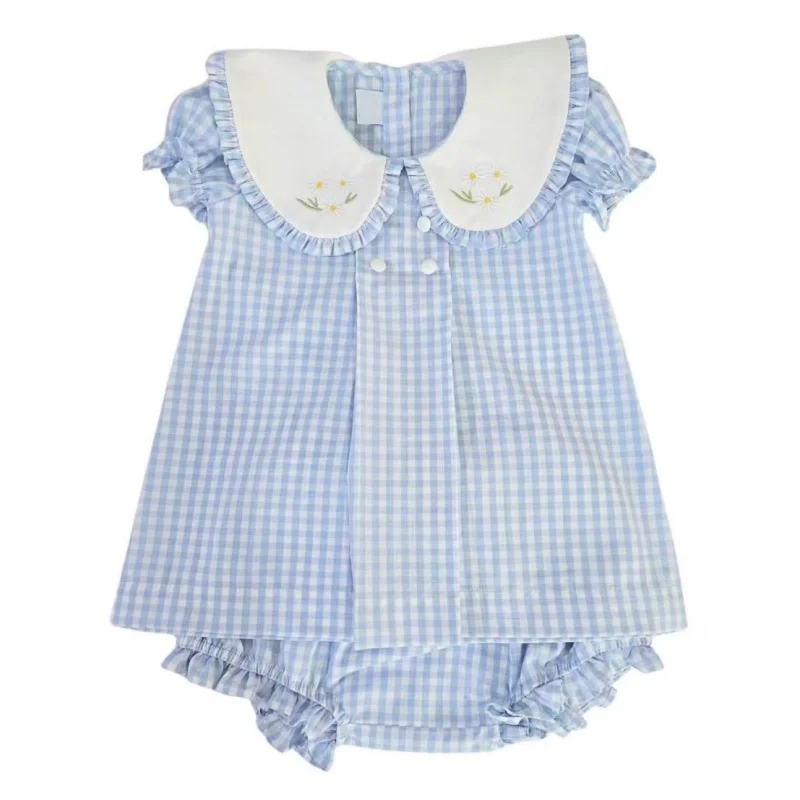 Baby Girl Summer 2Pcs Outfit Blue Plaid Daisy Embroidery Dress for Birthday Party Photography Casual B706