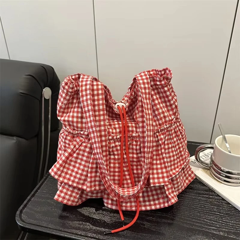 Women's Tote Bag Ruffles Plaid Drawstring Handbag Women Fashion Canvas Shoulder Bags	Large Capacity Korean Bags Bolsos De Mujer