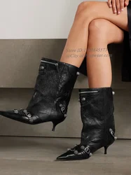 Sexy Black Leather Studded Low Heels Mid Calf Boots Pointed Toe Buckled Women's High Boot Pull on Luxury Designer Punk Shoes