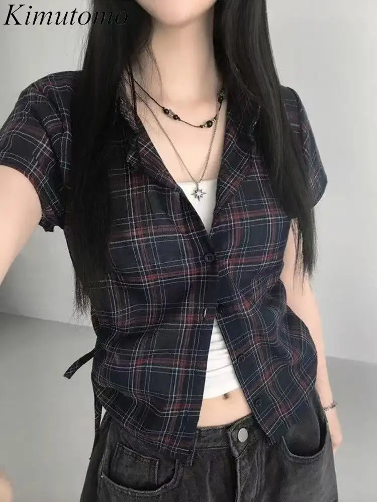Kimutomo Vintage Shirts Women Plaid Short Sleeve Summer Fashion Preppy Style Slim Crop Tops Grunge Gothic Y2k Harajuku Blouse