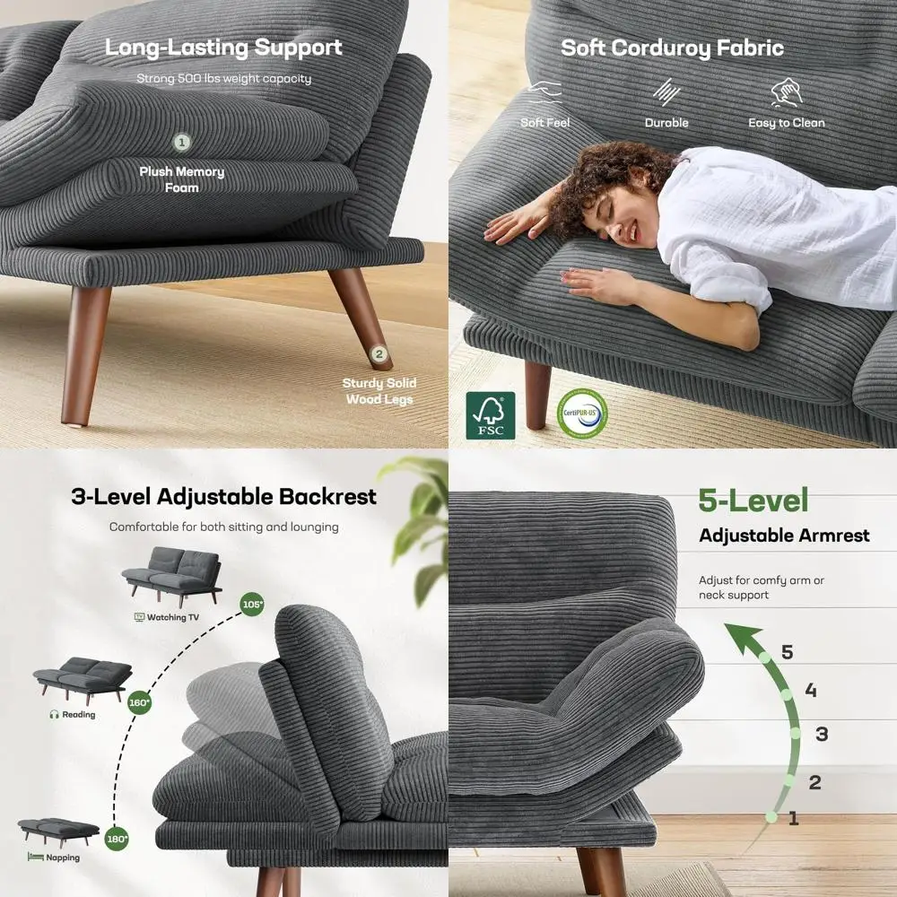 

Регулируемый диван-кровать 66 дюймов, идеально подходит для небольших помещений, кабинета или офиса, серый вельветовый диван-софа