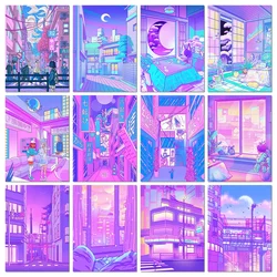 Diy Diamond Painting Color City Street View Purple Anime Diamond Mosaic Embroidery Cross Stitch Children Kawaii Home Decoration
