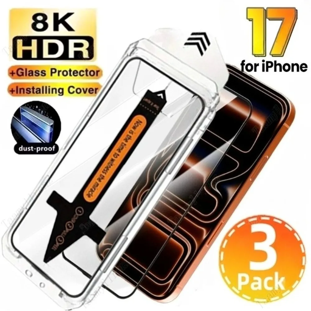 3 Stück Full Cover Displayschutzfolie für iPhone 17 16 15 14 Pro Max Air 16 15 Plus 13 12 11 Pro XS XR Staubfreies Installationsglas
