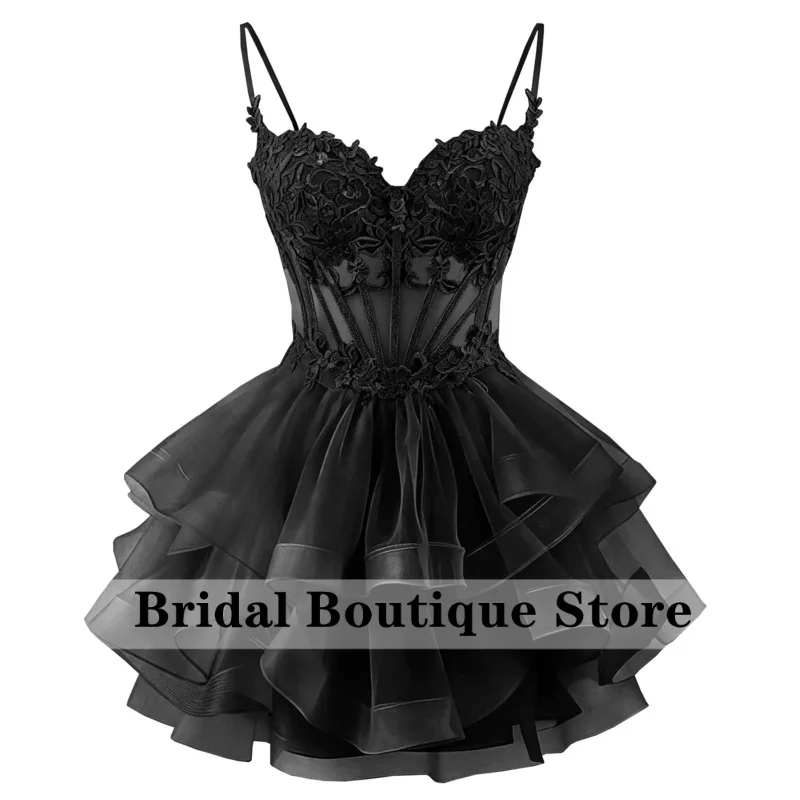 Customized Tiered Tulle Homecoming Dresses Lace Applique Short DAMA Dress | Spaghetti Straps HOCO Dresses for Teens 6