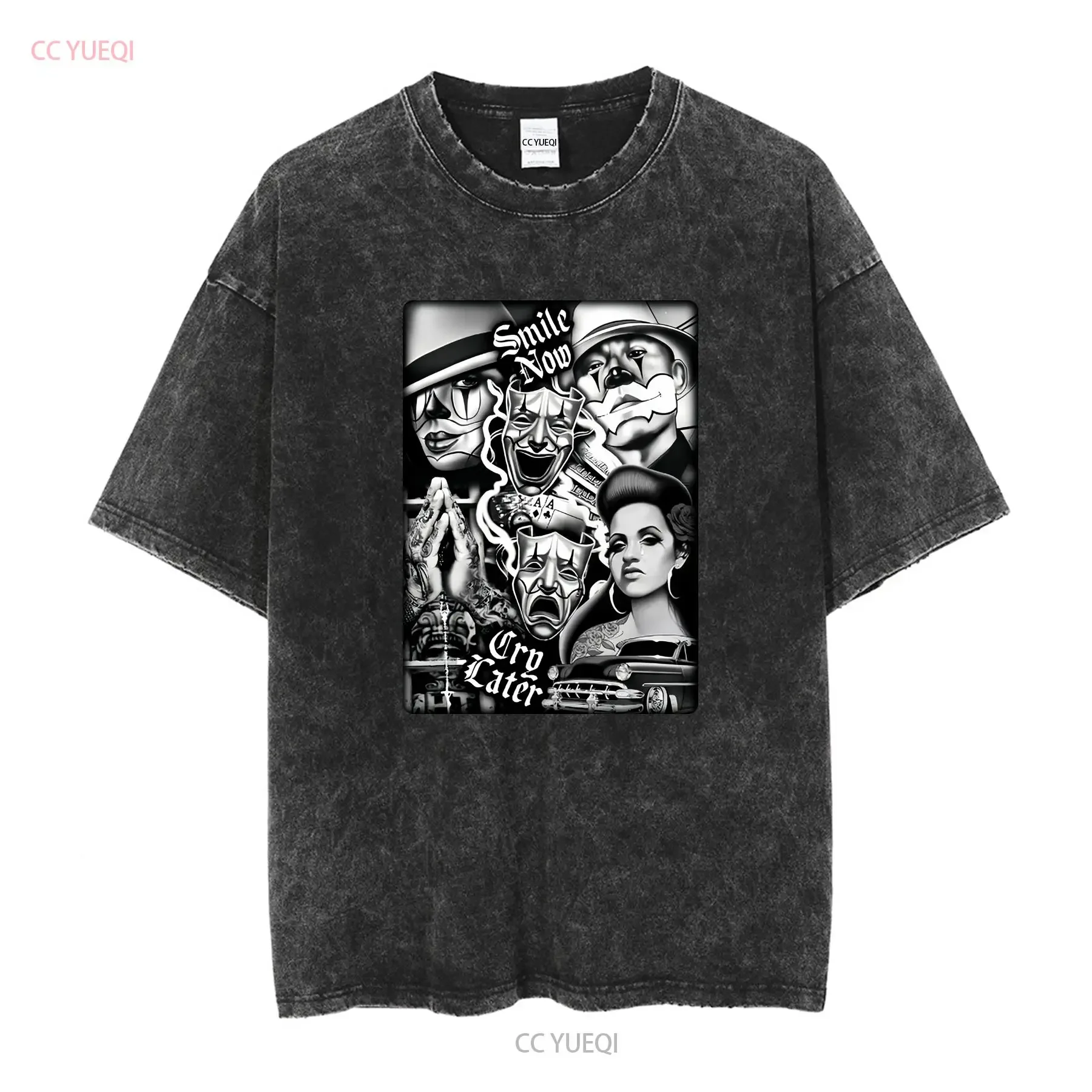 Smile Now Cry Later Chicano Art Mens T Shirt Print On Shaka Wear Heavyweight vintage Washed Slightly Stretched Versatile