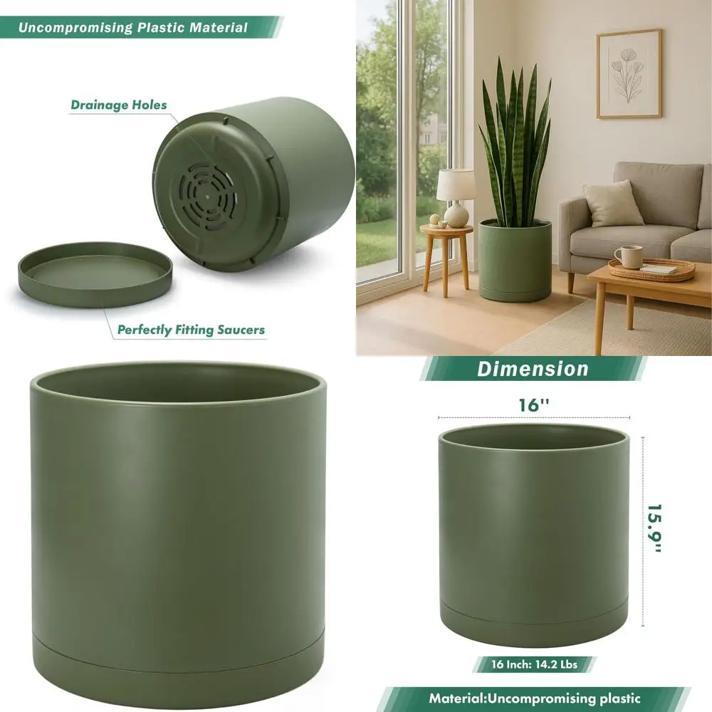 

16-дюймовые пластиковые горшки для растений с дренажными отверстиями и поддоном, оливково-зеленые