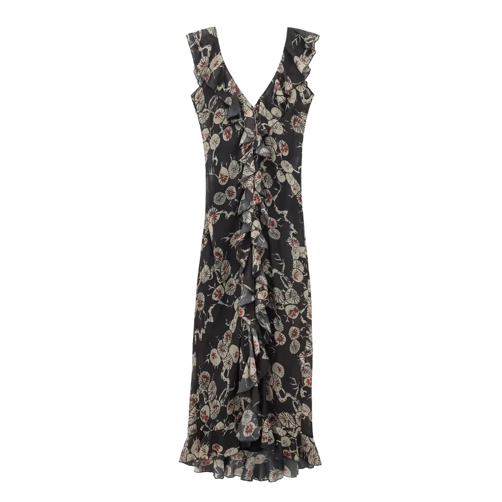 PB&ZA New Arrival Women's Sleeveless Dress with V Neckline Ruffled Detailing and All Over Floral Print Desig