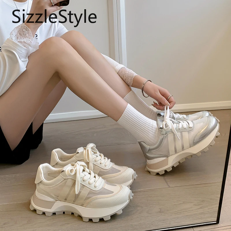 

Стильные сетчатые лоскутные кроссовки с круглым носком, простые однотонные удобные женские кроссовки на платформе на массивной платформе