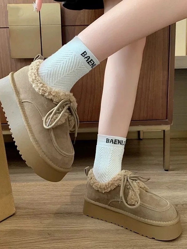 

Женские зимние ботинки на флисовой подкладке, осенне-зимние, на платформе, с теплой меховой отделкой, хлопковые, удобные, повседневные, с круглым носком