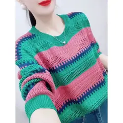 Women Spring and Autumn Korean-style New Crew Neck Knitwear Color Striped Hollow Out Loose Long Sleeve Sweater