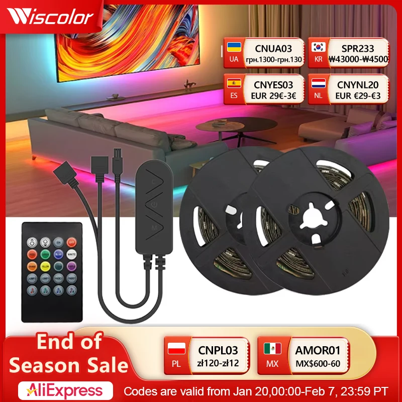 Wiscolor Enchufe de la UE tira de luz LED  RGB 5050 Sincronización de música de cambio de color de control APP DC 12V luces LED  Cinta flexible de la lámpara  para TV Retroiluminación Decoración de la habitación  Diodo