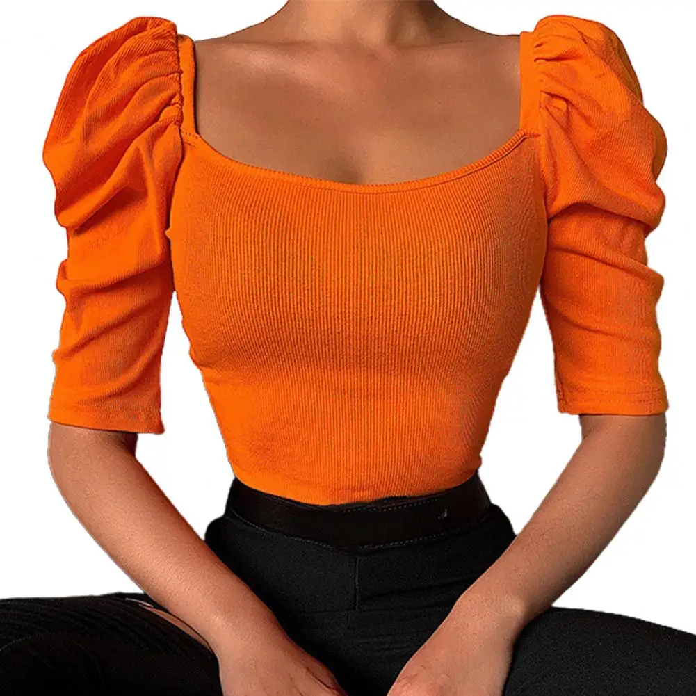 Elastic Women Top Fine Workmanship Cotton Blend Half Puff Sleeve Short T-shirt Soft Wear Solid Pullover Top Blusa Femenina