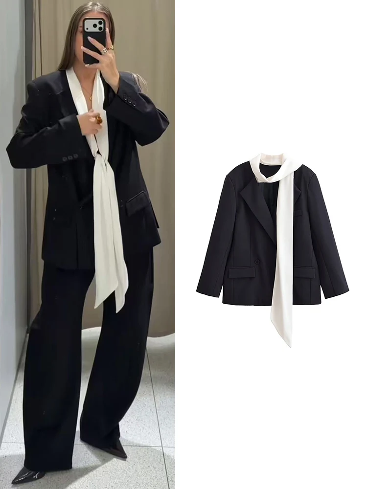 

Spring New Women Elegant Blazer Fashion Scarf Collar Long Sleeve Button Up Black Whiter Contrast Color SuitJacket Fashion Loose