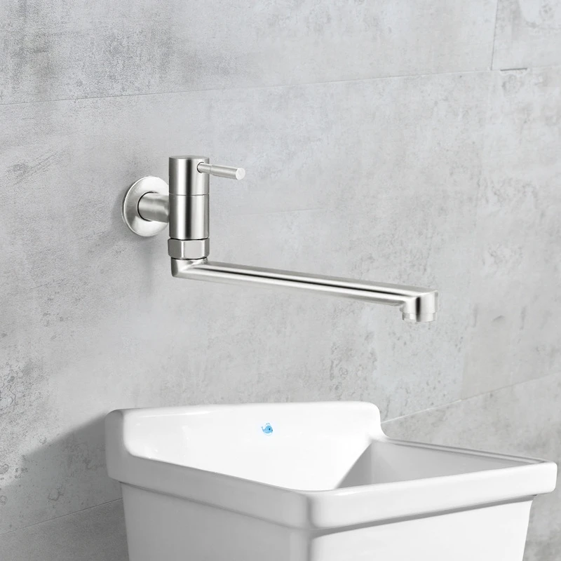 Grifo de cocina con rotación de 180 grados, fregadero, fregona, piscina, acero inoxidable, alargado, montado en la pared, grifos de agua fría
