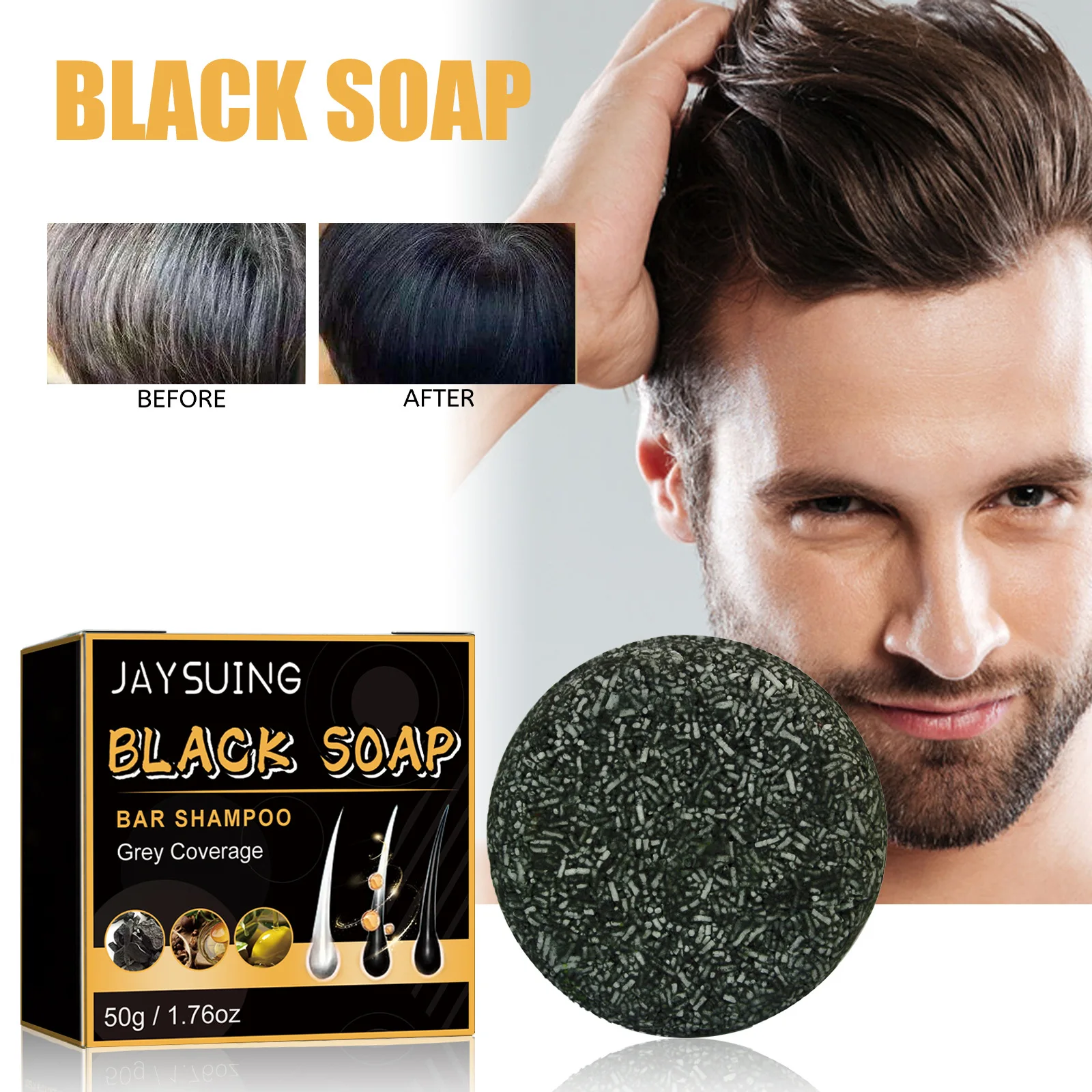 Jaysuing Black Hair Soap, Black Thick Hair Care Cleansing Scalp Softening Hair Strong Firming Shampoo