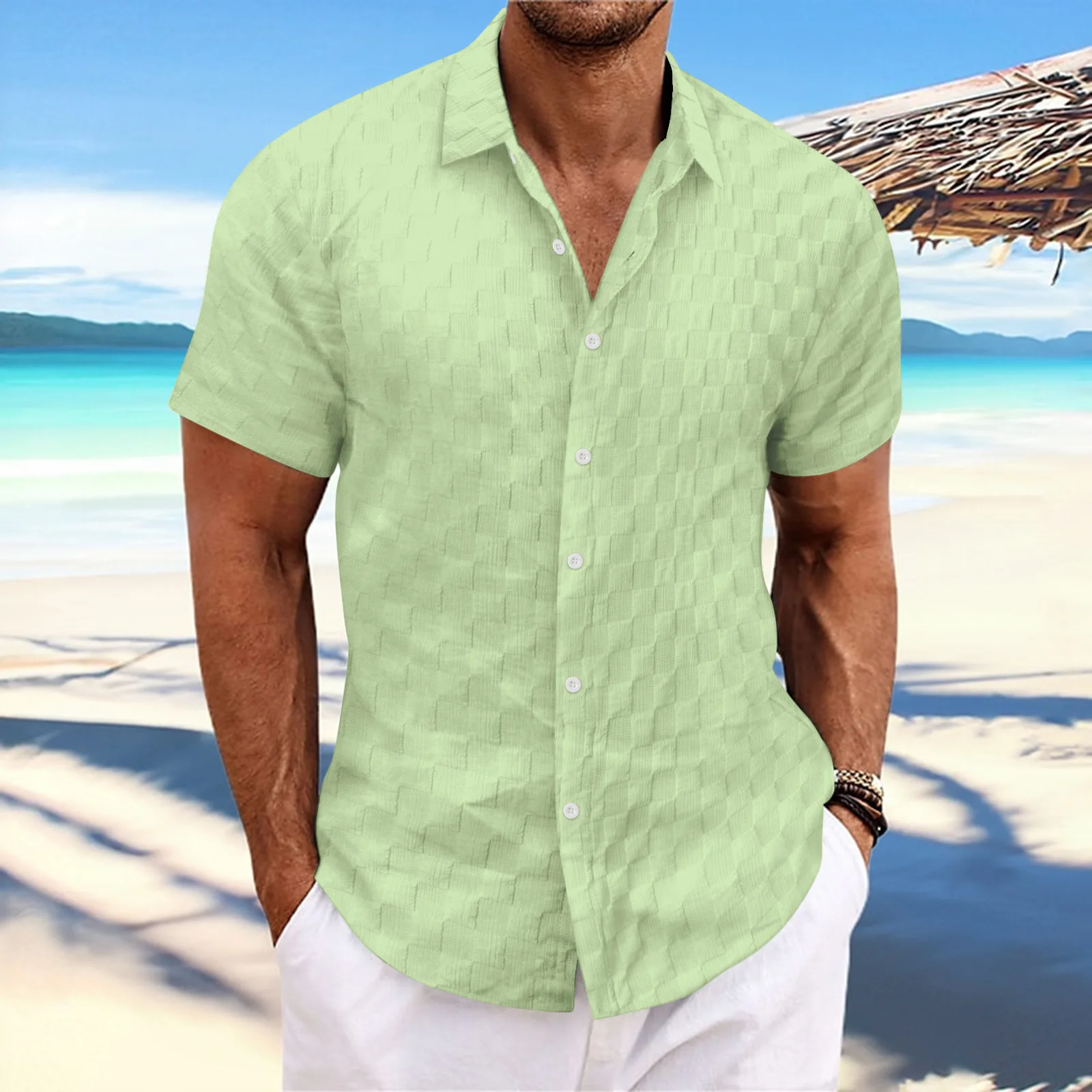 

Summer Men's Fashion Plaid Jacquard Short-sleeved Shirt Casual Daily Outdoor Beach Comfortable Breathable Cool Trend Lapel Tops