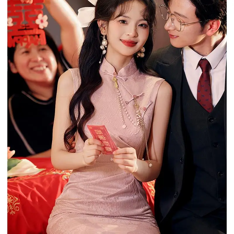 

New Chinese Sle Engagement Pink Wedding Dr 2024 New Design Women's Slim Fit Summer Wearable Ceremony Dr