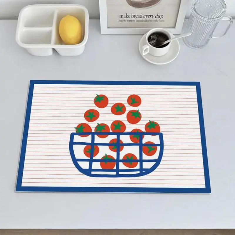 Cute Abstract Fruit Pattern  Placemat, Minimalist Apple Banana Blueberry Pear Tomato Print Table Mats, Waterproof Heat‑Resistant