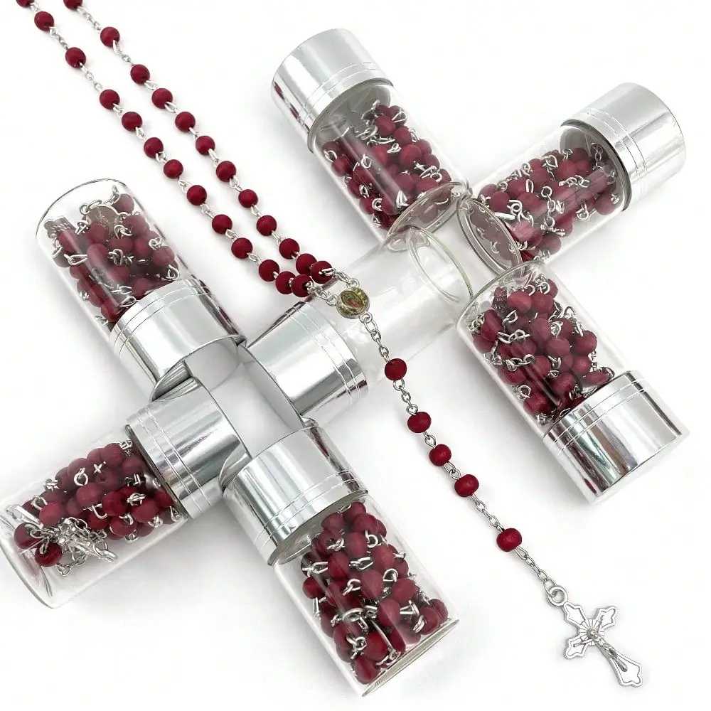 12 Pcs Baptism Our Lady of Guadalupe Scented Wood Rosaries In Glass Jar Bottle Recuerdos de Bautizo First Communion Birthday Party Favor (Burgundy)
