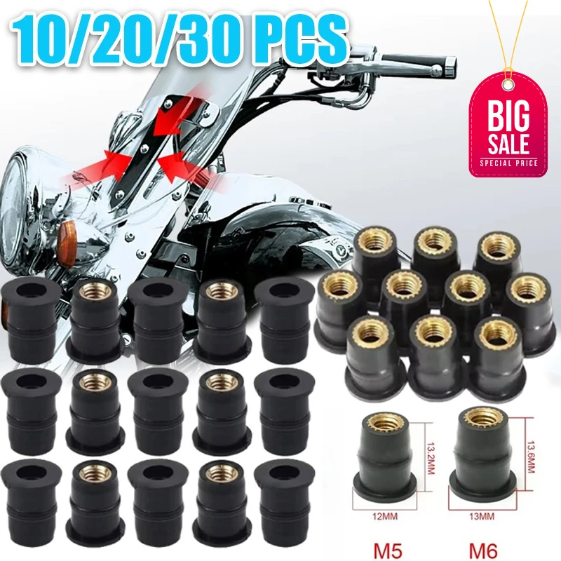 

10/20/30PCS M5, M6 Motorcycle Windshield Glass Nuts Expanded Rubber Gaskets Brass Nut Fasteners Motorcycle Accessories