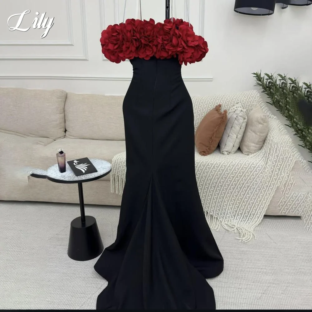 فستان سهرة أسود من الساتان قبالة الكتف فساتين السهرة البوق الطيات الساتان ثلاثية الأبعاد الزهور فستان الحفلات حسب الطلب