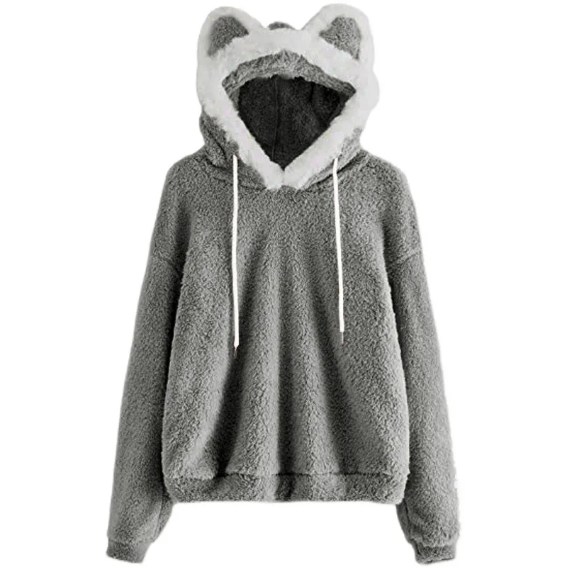 Cute Ear Hooded Pullover Fuzzy Fleece Sweatshirt Y2k Gothic Clothes Retro Streetwear Casual Fashion Harajuku Clothing 2025 New