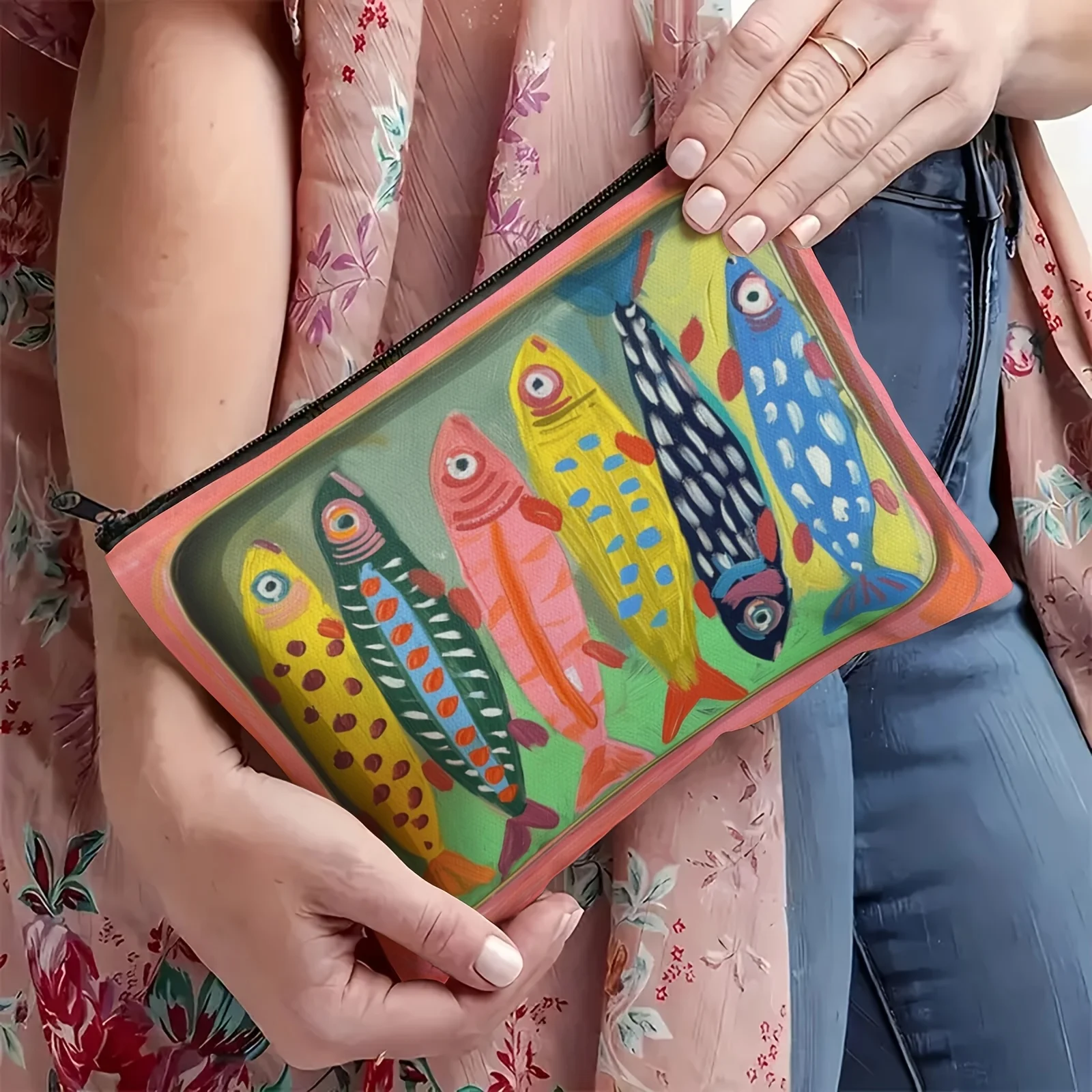 Durable Colorful Striped Fish Pattern Cosmetic Bag | Multi-Functional Zippered Makeup Pouch & Coin Purse