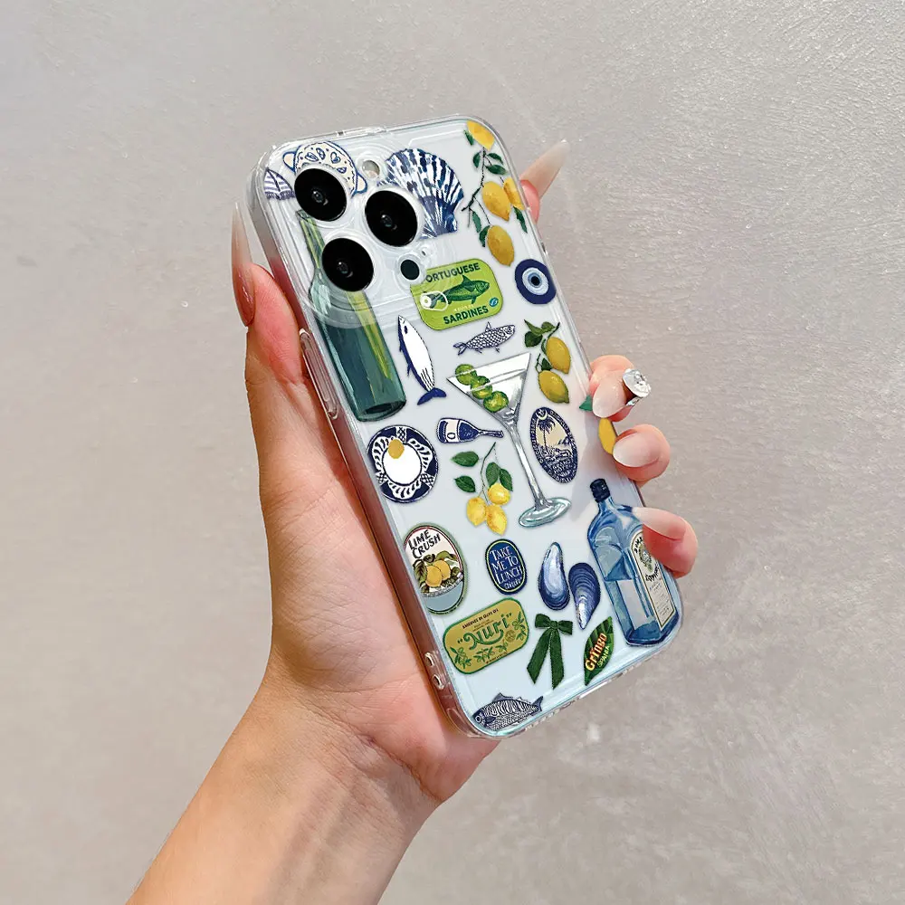 Funda de teléfono Seaside Wine Lemon para vivo V40 V30e V29e V27 V25 V23 Y28 Y03 Y17s Y100 Y36 Y27 Y16 Y19s Y35 4G 5G cubierta transparente de TPU