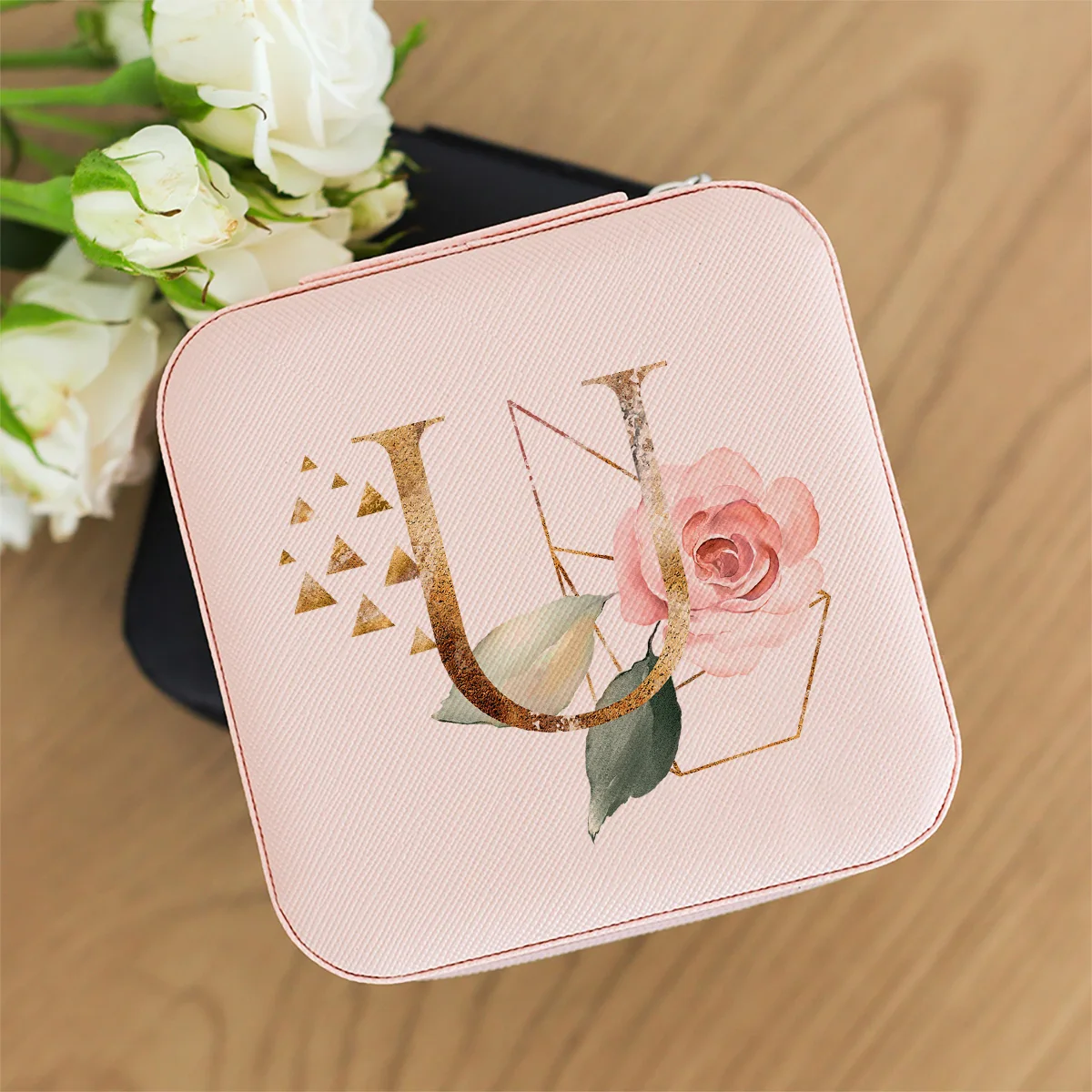 Mini Travel Jewelry Organizer with Custom Floral Initial Portable Zipper Case Cute Personalized Gift for Women