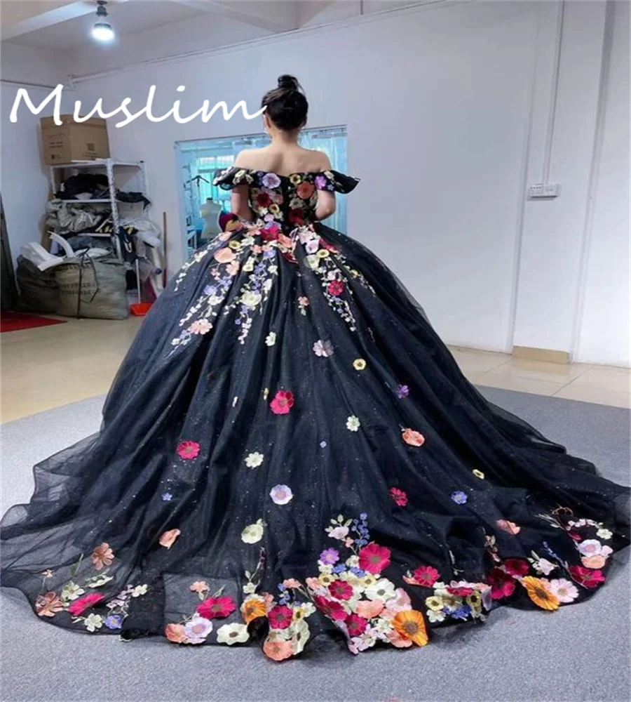 Charro negro De lujo vestido para quinceañeras con hombros descubiertos brillo mexicano dulce 15 flores coloridas Vestidos De cumpleaños De XV personalizado