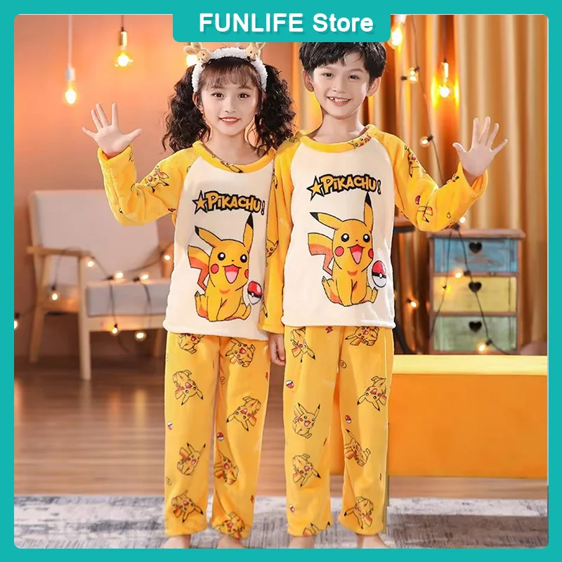 Cartoon Pikachu Pajamas Children'S Flannel Pajama Set Winter Winter Plush Warm Boys Girls Coral Fleece Sleepwear Kids Home Cloth