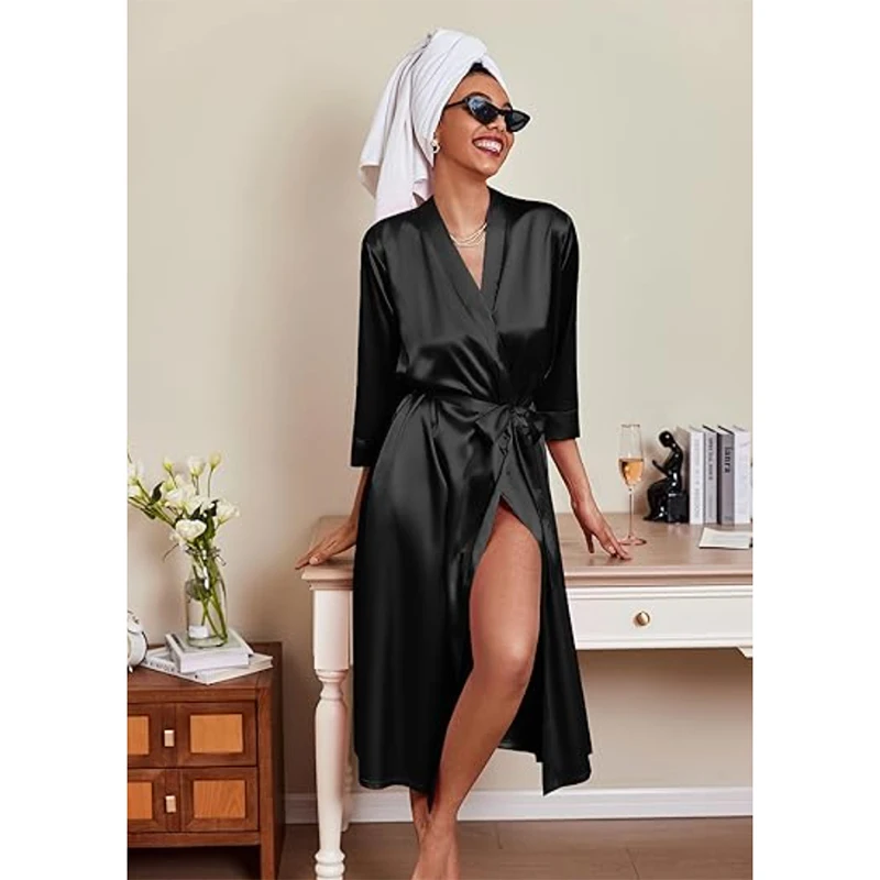 

Женский атласный халат с поясом, элегантный однотонный шелковистый комфортный халат, одежда для дома